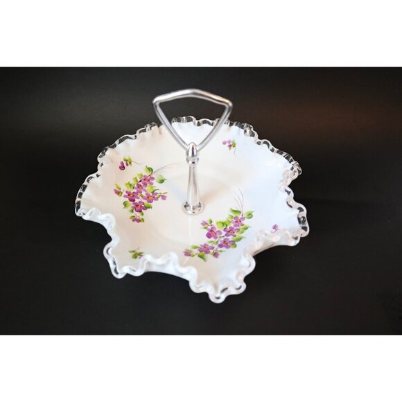 Vintage Fenton Ruffled Tidbit Candy Dish Milk Glass Silver Crest Handle Violets - Picture 1 of 5